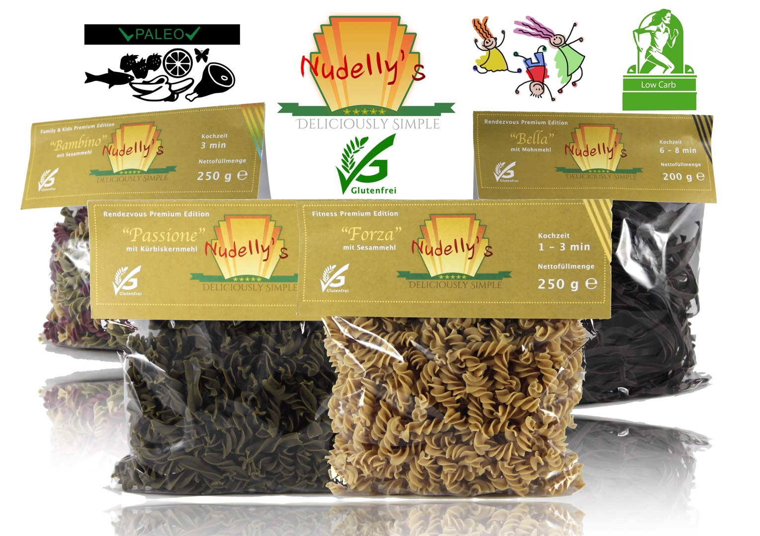 Nudelly's Quattro Premium, glutenfreie Pasta im 4er-Pack, low-carb, paleo, Kürbiskernmehl, Sesammehl, Mohnmehl, Eier-Nudeln mit Tapioka-Stärke als Tagliatelle u. Fusilli