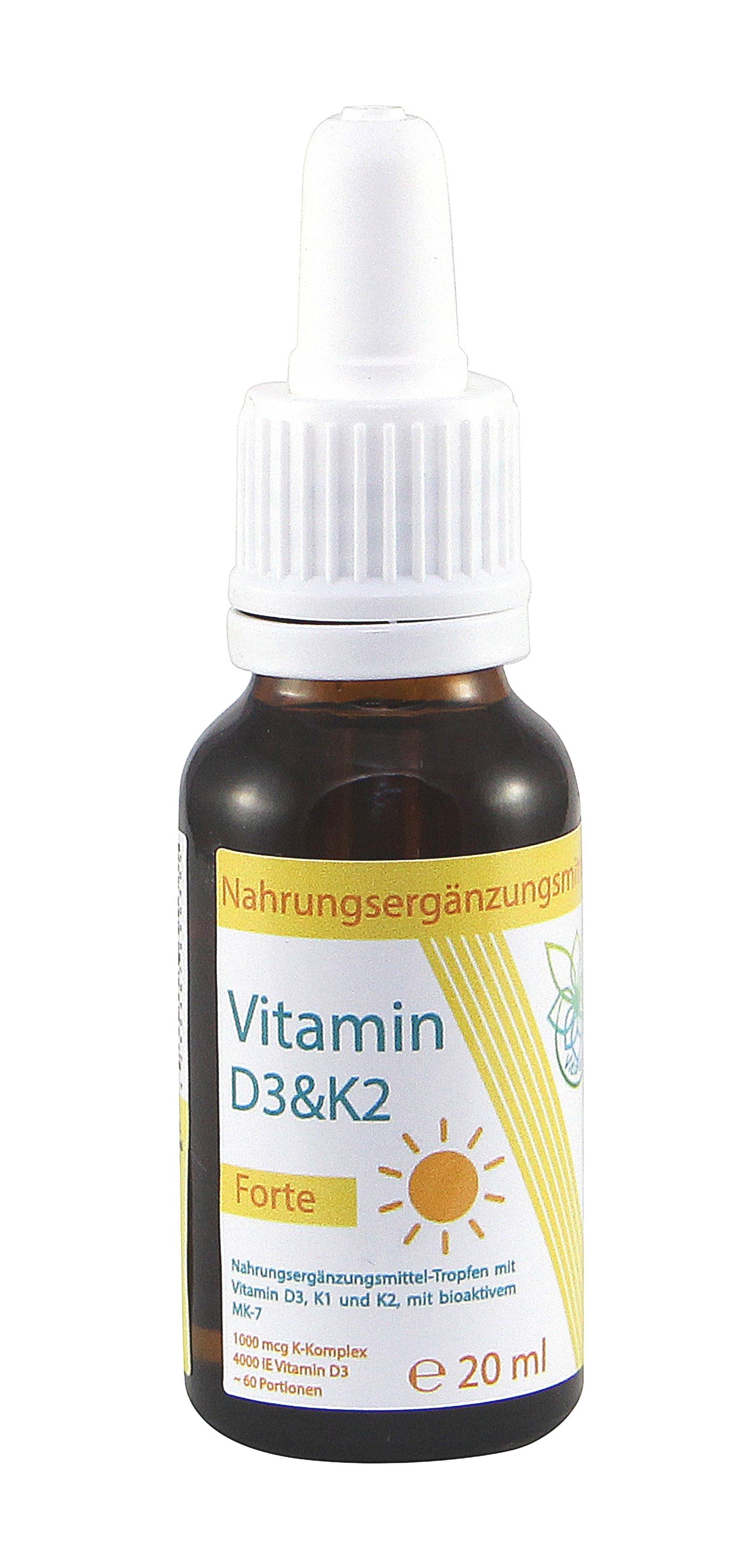VITARAGNA Vitamin-D und Vitamin-K Forte D3K2 Tropfen flüssig, hochdosiertes Liquid in MCT-Öl gelöst und bioaktiver MK7 Form - 20ml, clean, glutenfrei, sojafrei