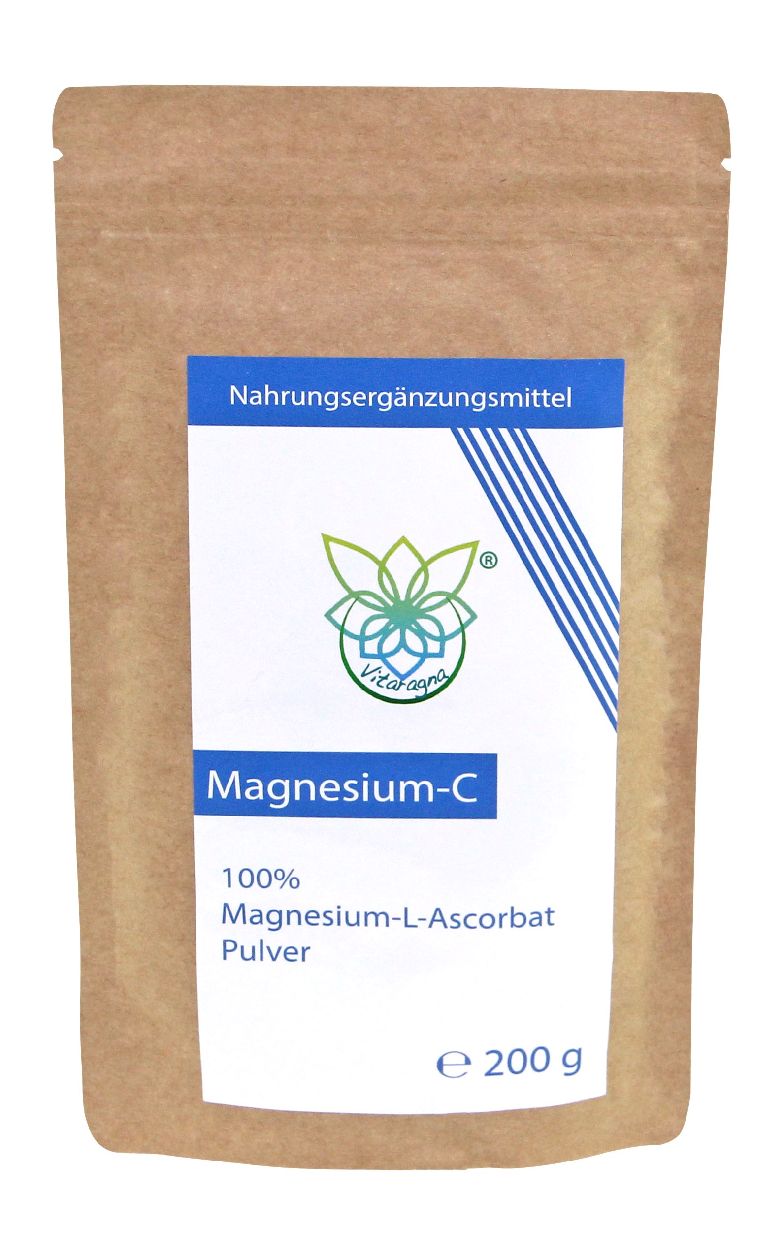 VITARAGNA Magnesium-C Pulver, Magnesium-Ascorbat als Reinsubstanz, Vitamin-C in Pulverform als leicht lösliches, 200 g gepuffertes Magnesiumascorbat