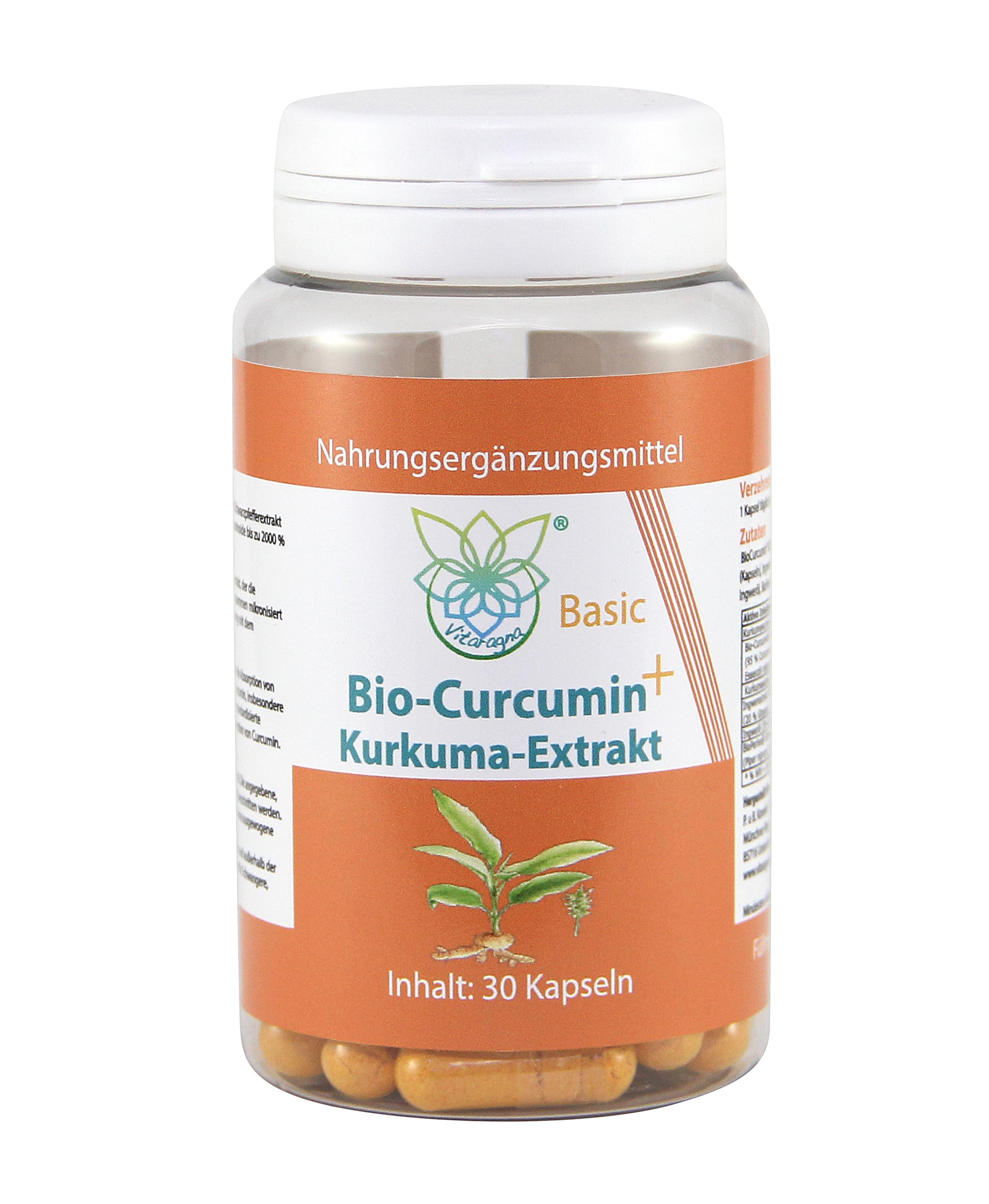 VITARAGNA Curcumin Basic Plus, 30 Kurkuma Kapseln hochdosiert mit Kurkuma-Extrakt, BioPerine, Ingwer-Extrakt, Hochdosiertes Curcuma Bioperin (Schwarzer-Pfeffer), starkes natürliches Antioxidans