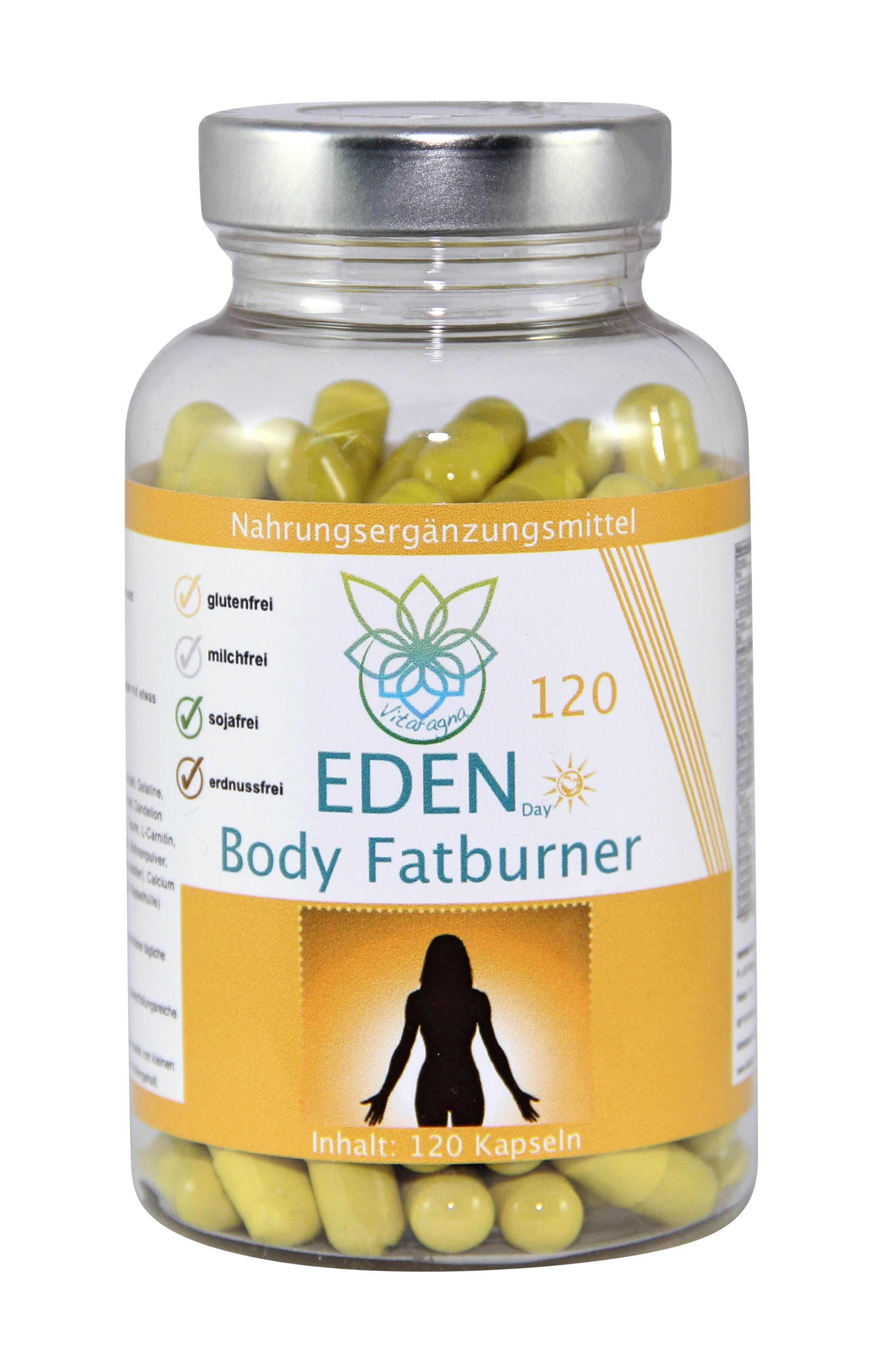 VITARAGNA Eden Body Fatburner Day 120 Kapseln, Fettverbrenner Diät-Pillen bzw Abnehm-Pillen, Unterstützung zum natürlich abnehmen auch bei Bauchfett clean, glutenfrei, sojafrei, milchfrei, erdnussfrei