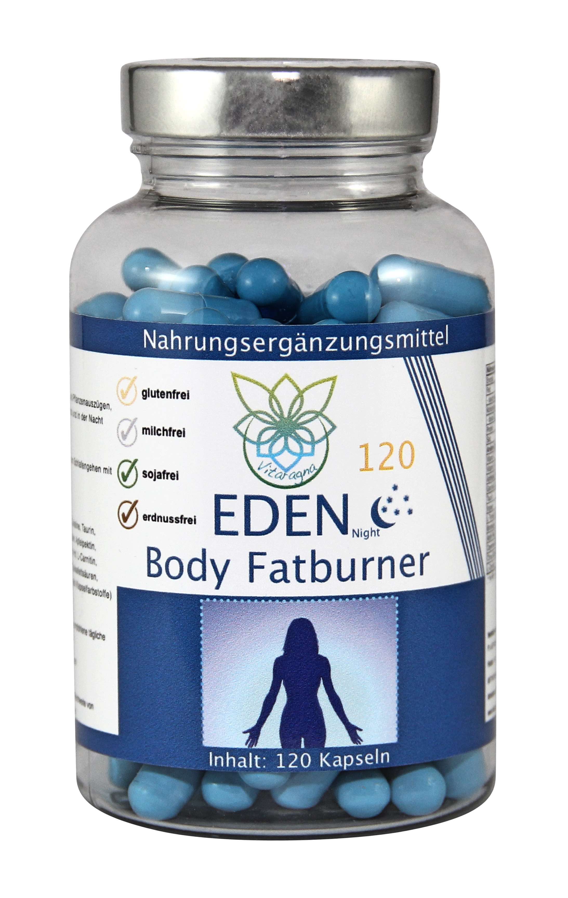 VITARAGNA Eden Body Fatburner Night 120 Kapseln, Fettverbrenner Diät-Pillen bzw. Abnehm-Pillen, im Schlaf natürlich abnehmen auch bei Bauchfett, clean, glutenfrei, sojafrei, milchfrei, erdnussfrei