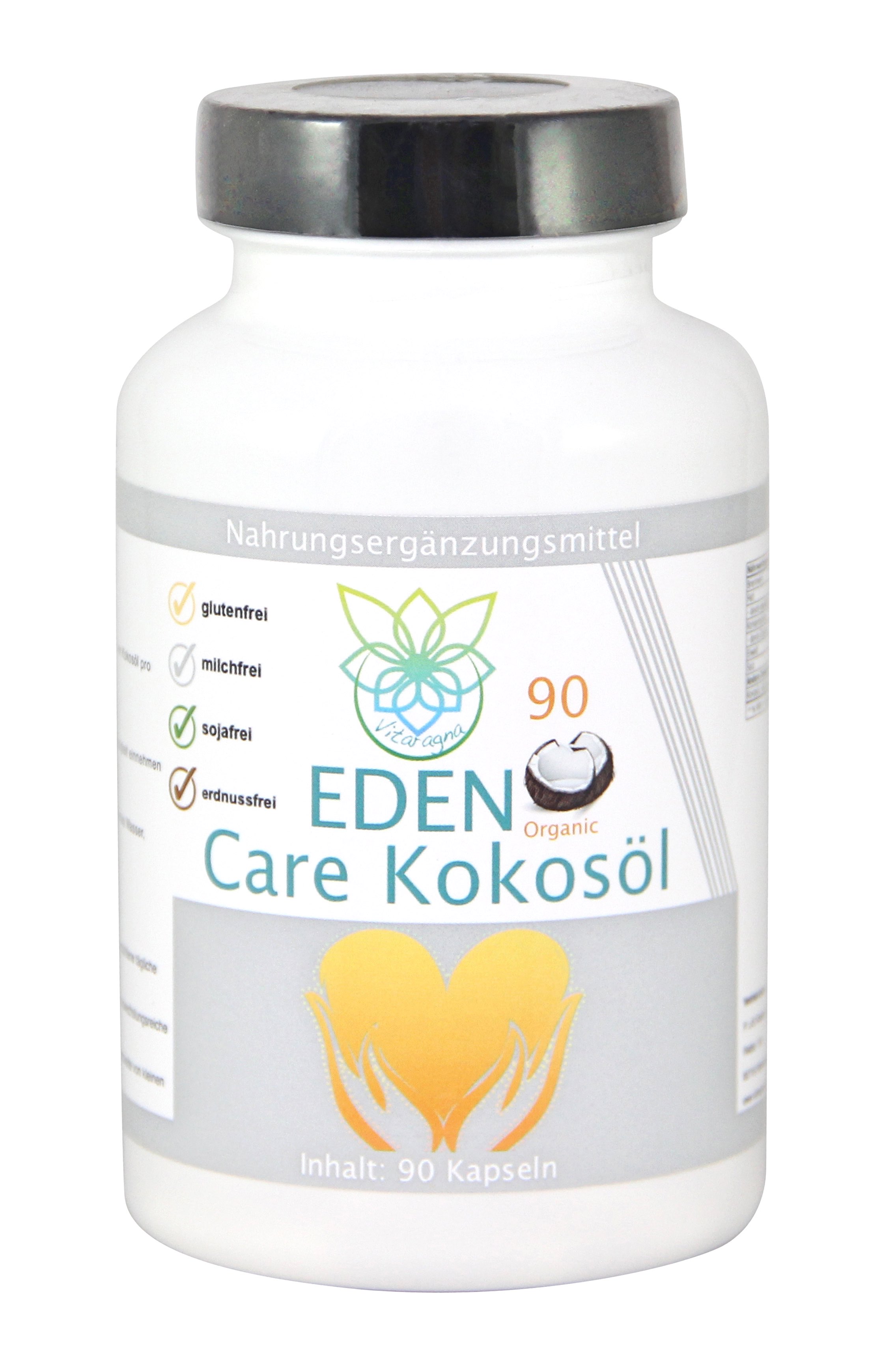 VITARAGNA Eden Care Kokosöl-Kapseln Organic 90, natives kaltgepresstes Kokos Öl mit mittelkettigen Fettsäuren MCT, 1000 mg pro Kapsel, keto, clean, glutenfrei, sojafrei, milchfrei
