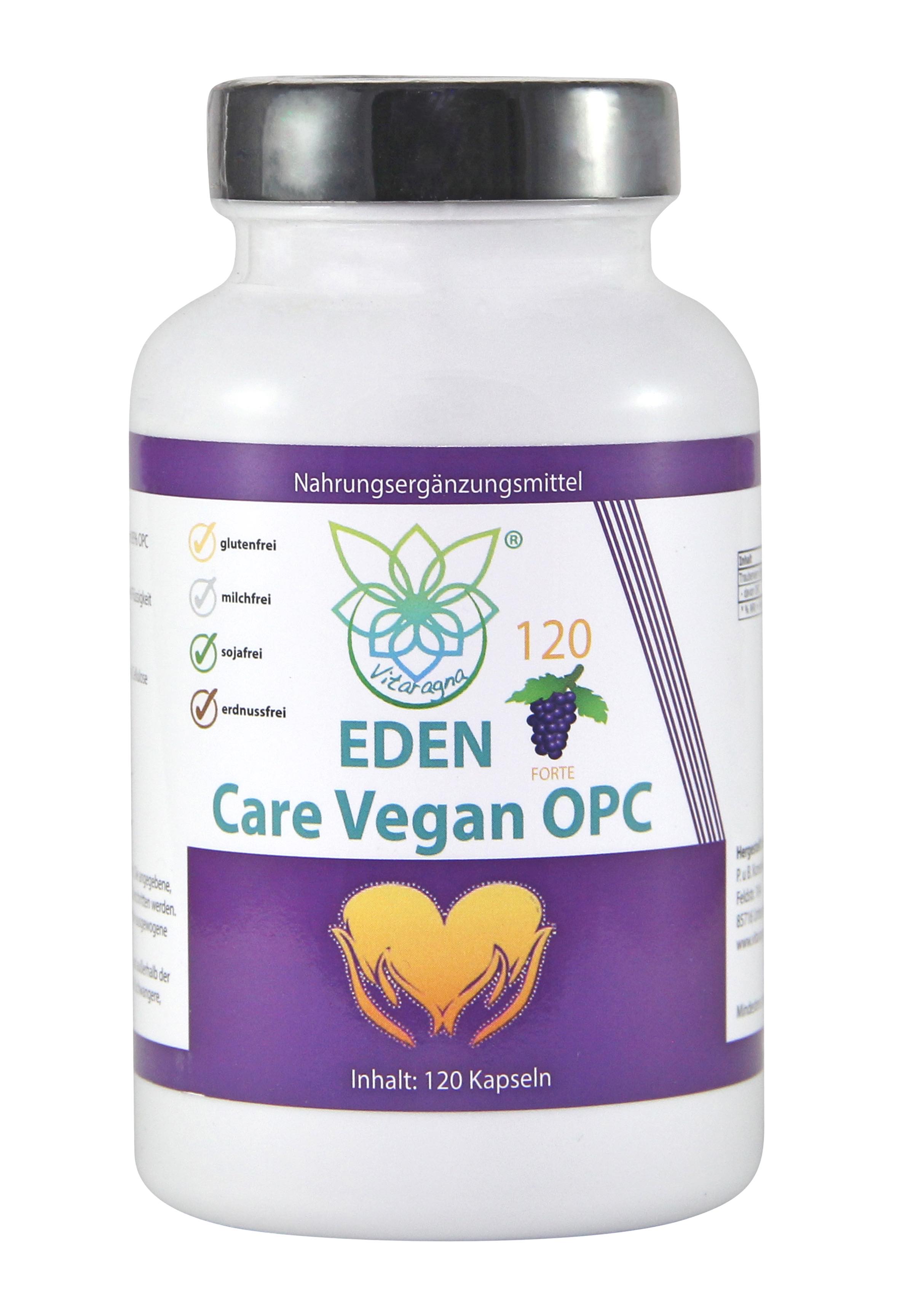 VITARAGNA Eden Care Vegan OPC Traubenkernextrakt Kapseln Forte mit 95% OPC-Gehalt und 700mg hochdosiertes OPC pro Portion, 120 vegane OPC-Kapseln OHNE Magnesiumstearat, 2 Monatsvorrat